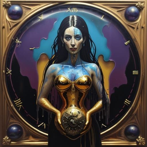 Woman Holding Melting Clock in Surrealist Oil Painting