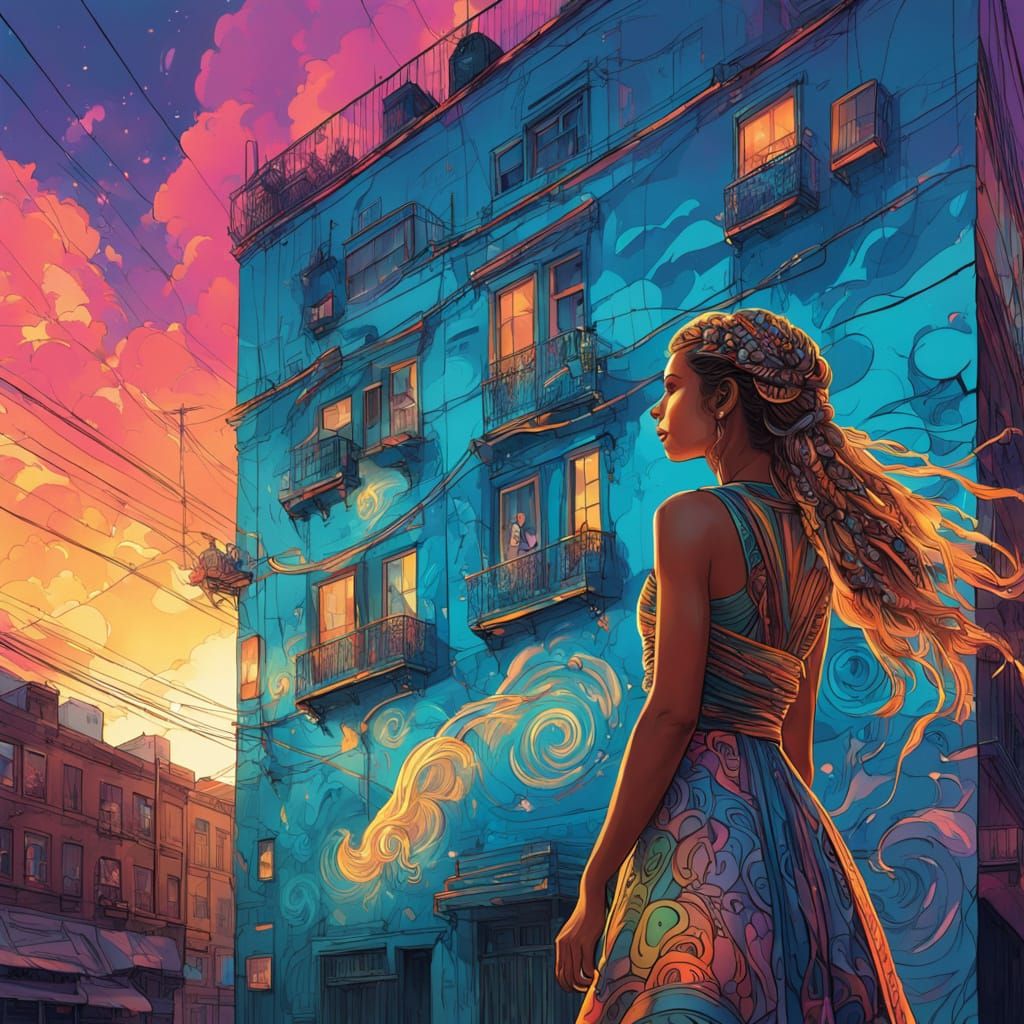 Woman Braiding Hair Before Street Art Building