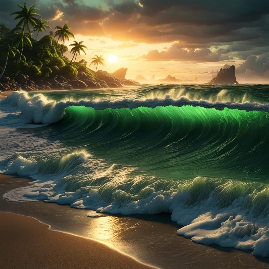 Epic Sunset Beach Scene with Luminous Fae