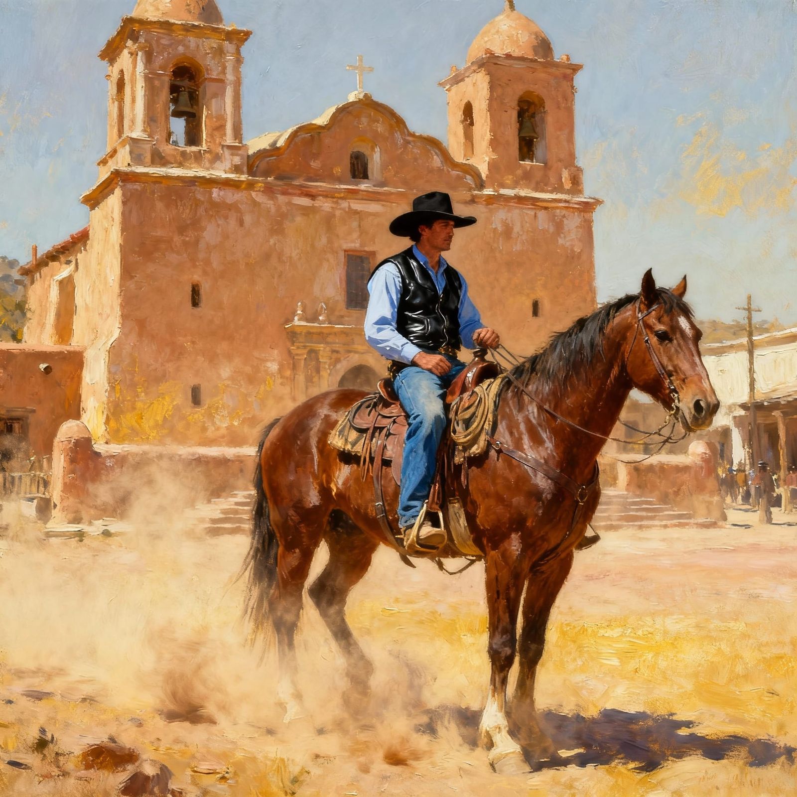 Cowboy on Horse Before Adobe Church in Impressionist Style