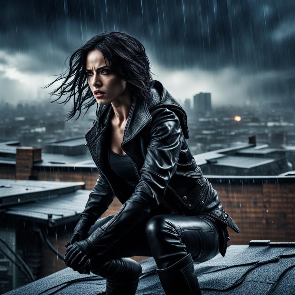 Selene Underworld, fighting on rooftop, raining