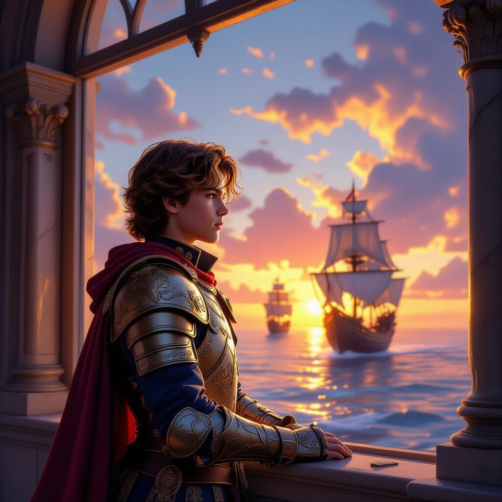 Young Prince in Armor Watches Fleet Sail at Sunset