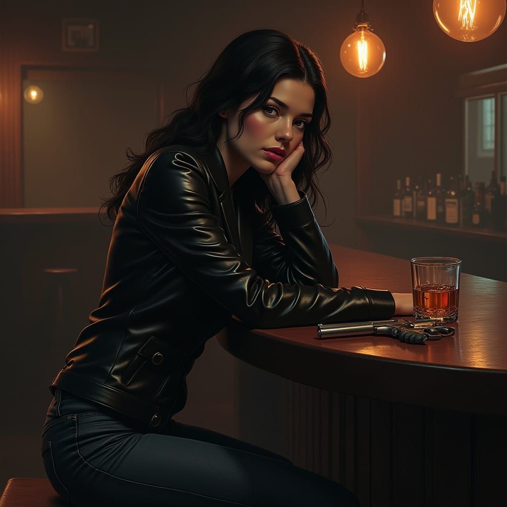 Mysterious Woman Sits Alone in Dimly Lit Bar, Whiskey and Re...