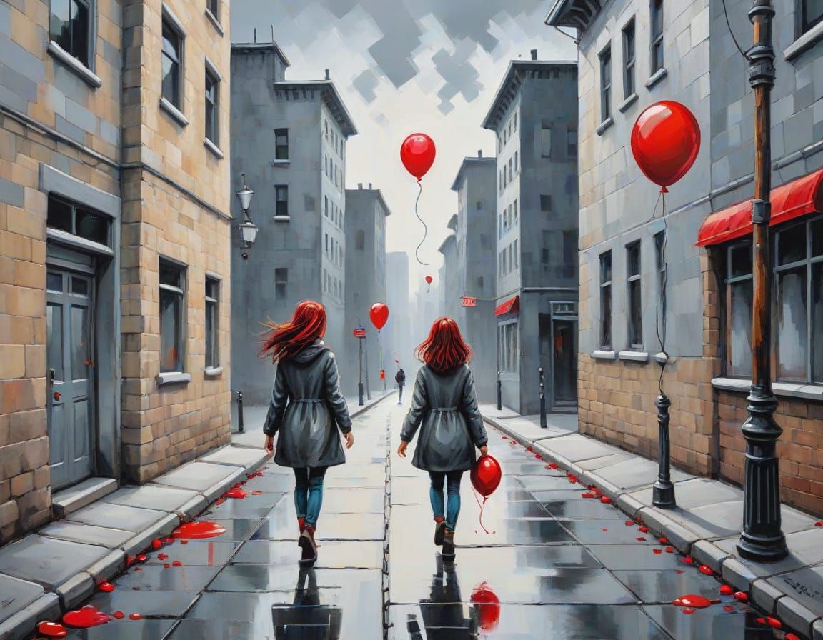 Girl With Red Balloon in Tim Burton Style
