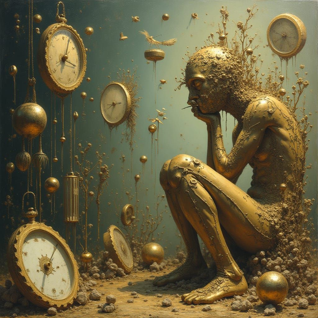 Surreal Figure Lost in Thought in Dreamlike Realm