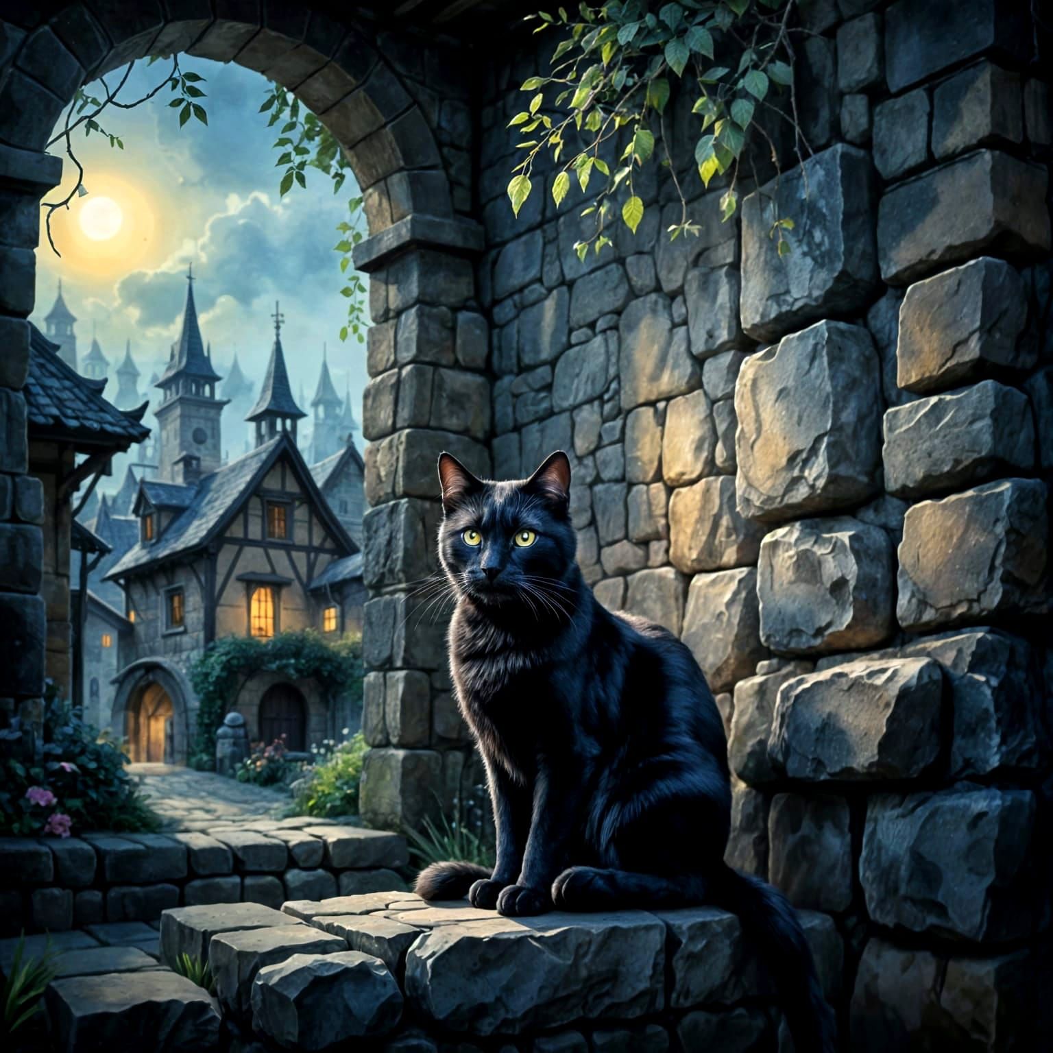 Black Cat in Quaint Village at Twilight, Watercolor Style