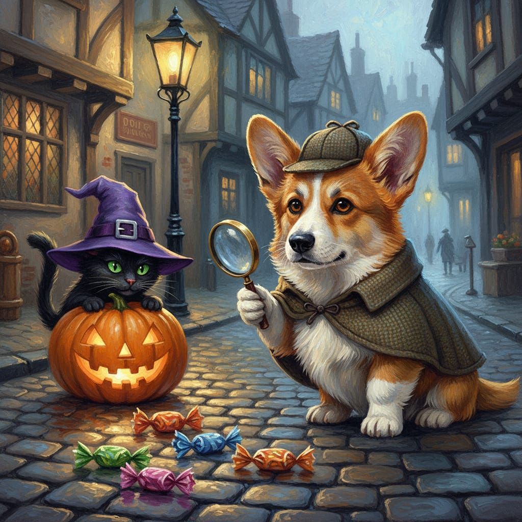 Sherlock Corgi Investigates Candy Trail with Witch Cat