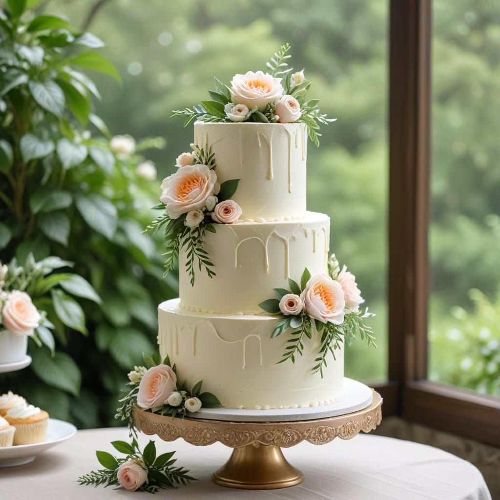 Elegant Two-Tiered Wedding Cake with Greenery and Pastel Flo...