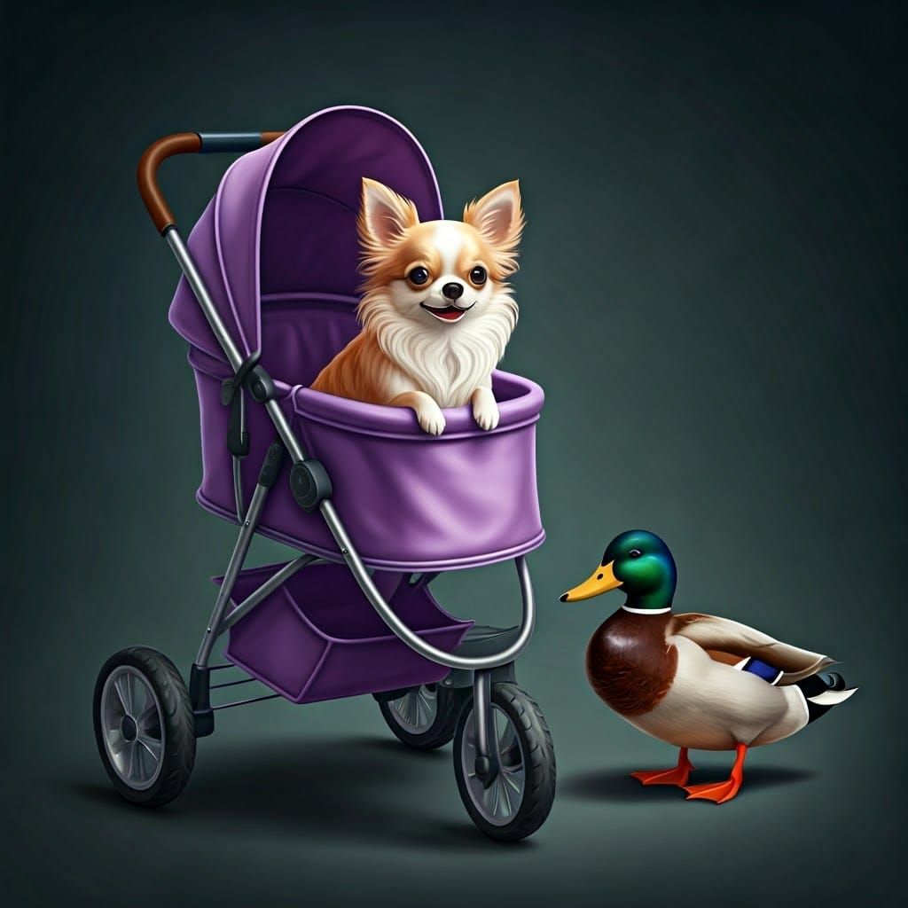 Girl Pushing Chihuahua in Stroller, Professional Photography