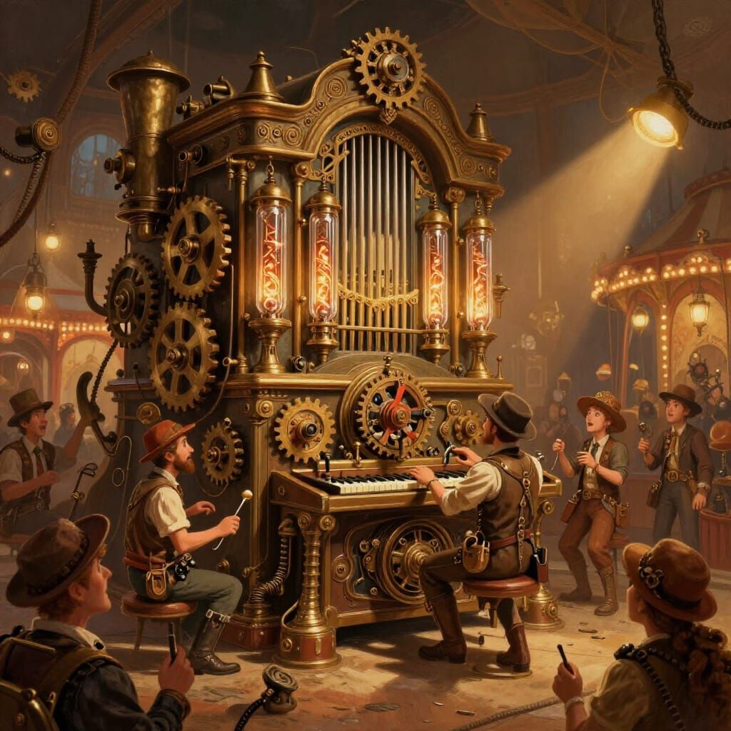 Steampunk Fairground Organ with Enthusiasts in Sepia Tones