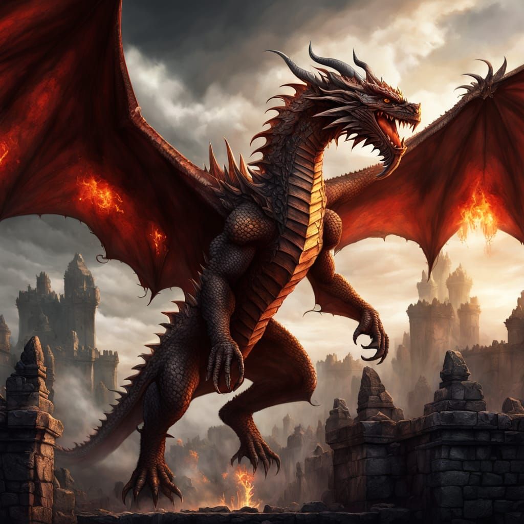 Epic Red Dragon Engulfed in Flames, Dark Fantasy Cityscape
