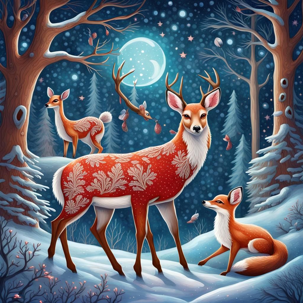 Enchanted Starry Forest Animals in Whimsical Illustration