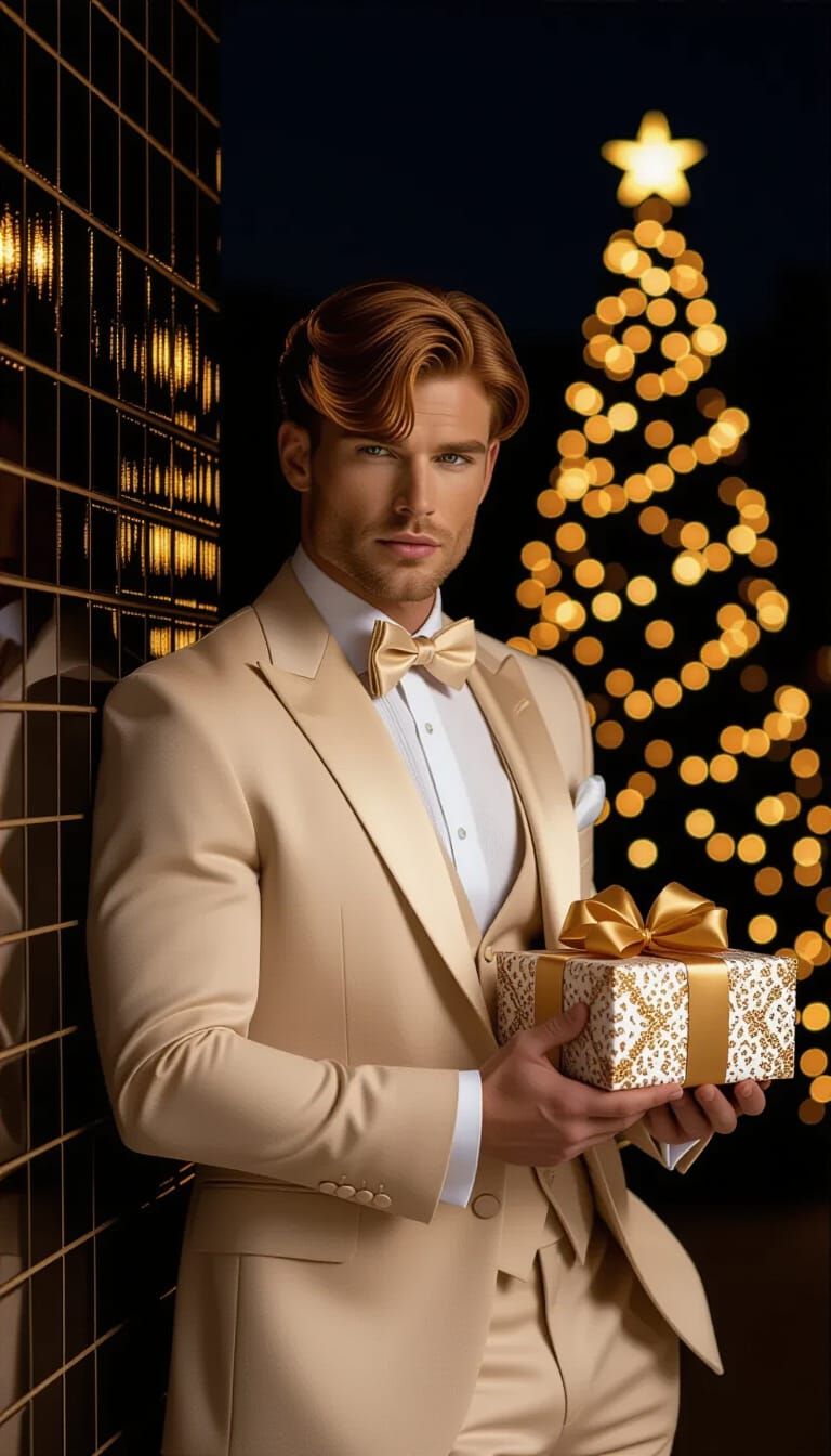 Dior Suited Man with Gift by Christmas Tree