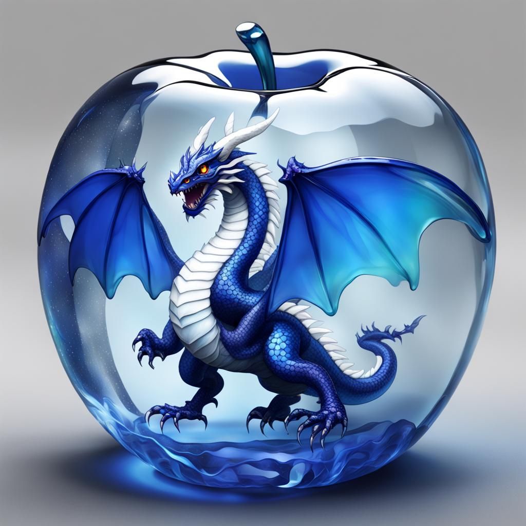 A translucent glass apple, inside a blue dragon with a white...
