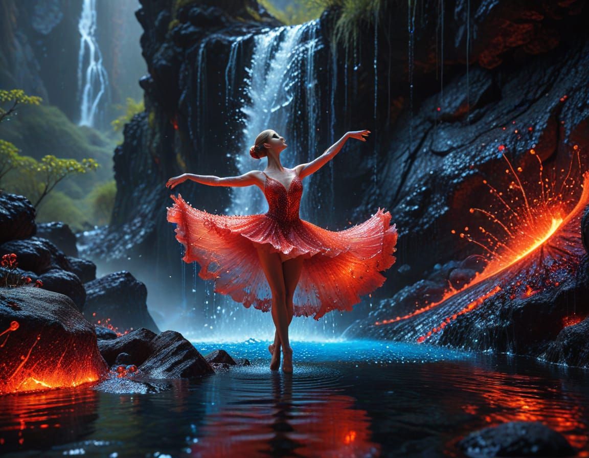 Fiery Crystal Ballerina Dancing with Water Dancer on Volcano