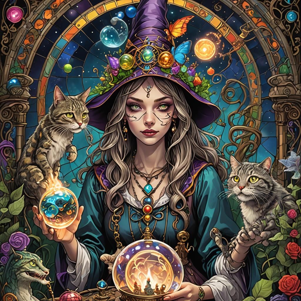 Psychedelic Wizard with Cheshire Cat, Fantasy Art