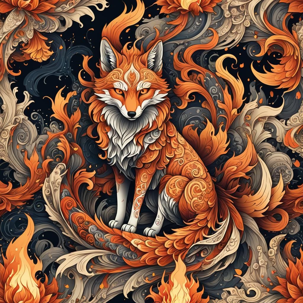 Fiery Kitsune with Abstract Fractal Design