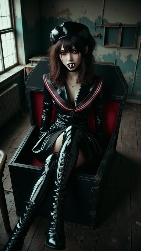 Gothic Vampire Schoolgirl Awakens in Decaying Classroom