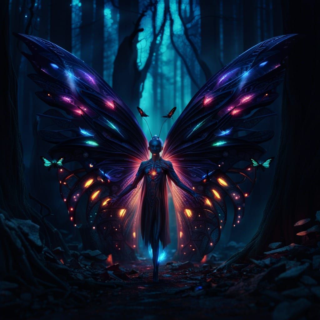 Dark Alien with Butterfly Wings in Dark Forest