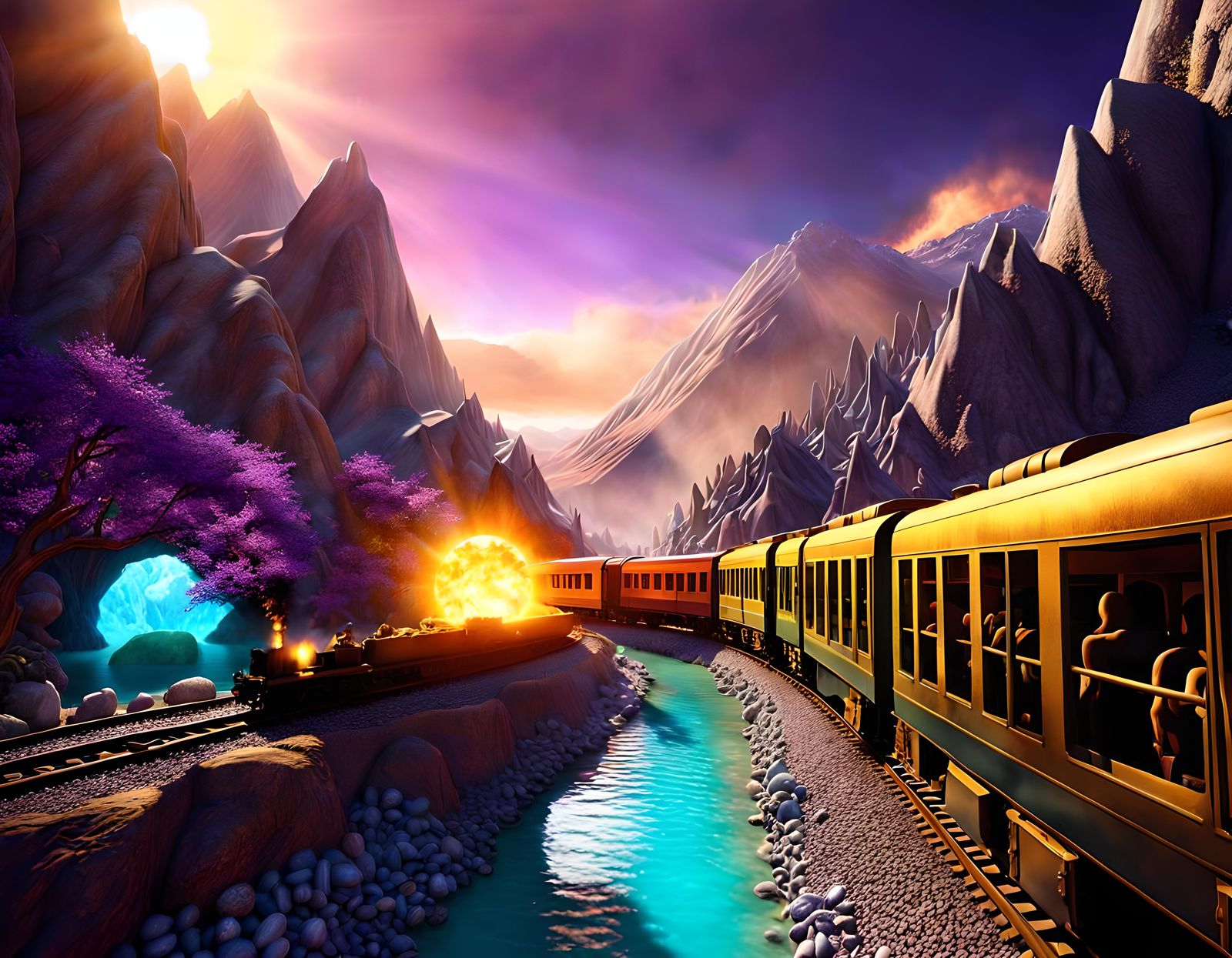 Citrine Train to Hell in Surreal Gemstone Landscape