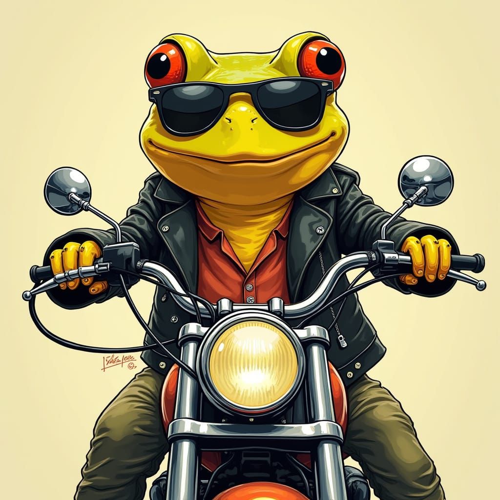 Frog Biker on Harley in Cartoon Realism Style