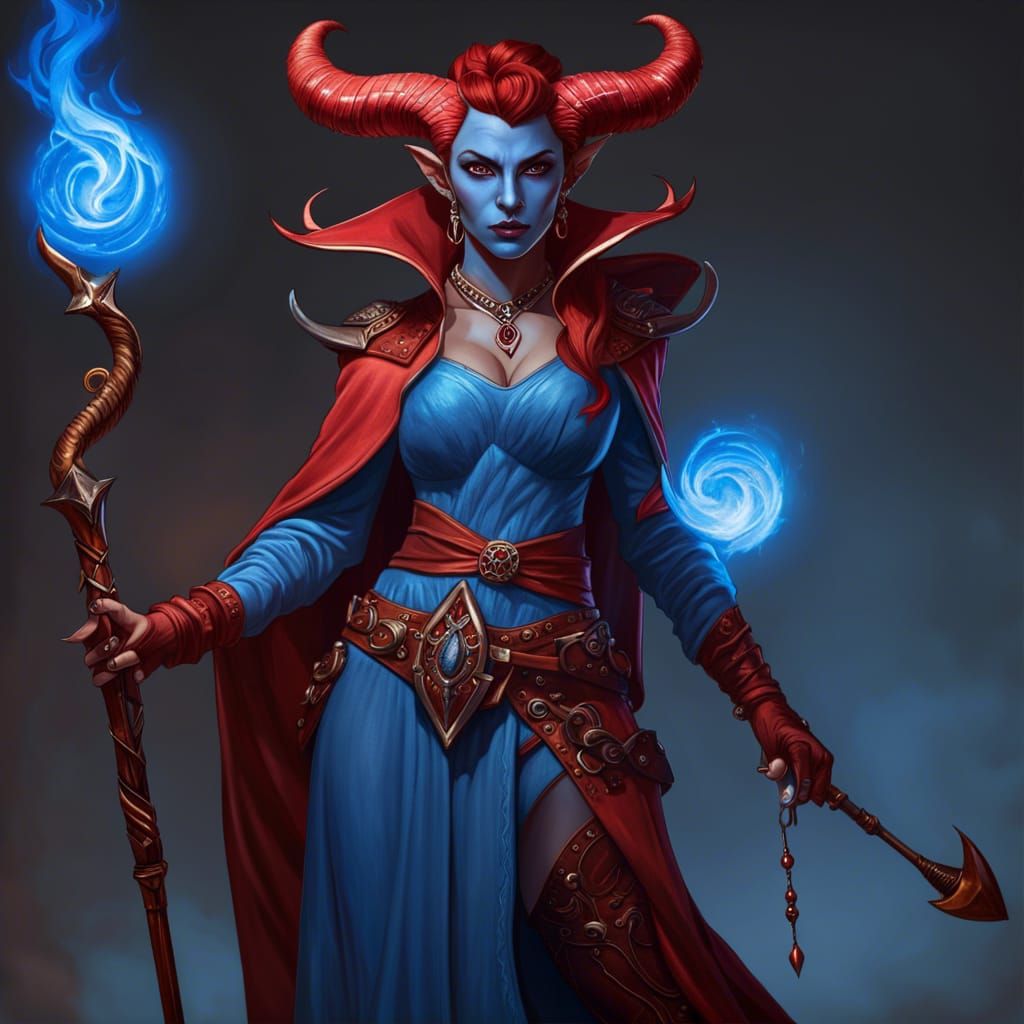 A D&D female tiefling sorceress, small curved horns, mature ...