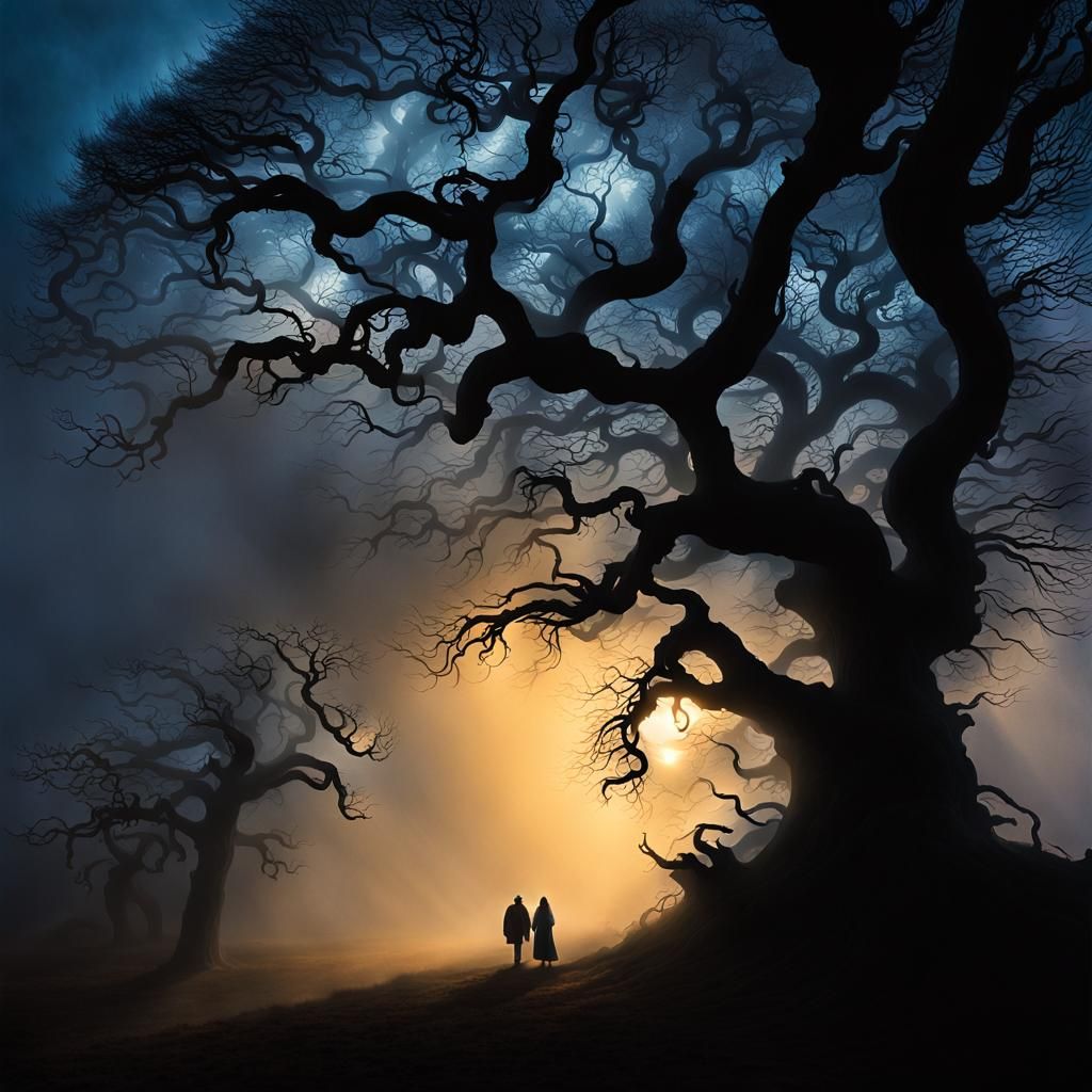 Ethereal Figures Drifting Through Mist in Beksiński Style