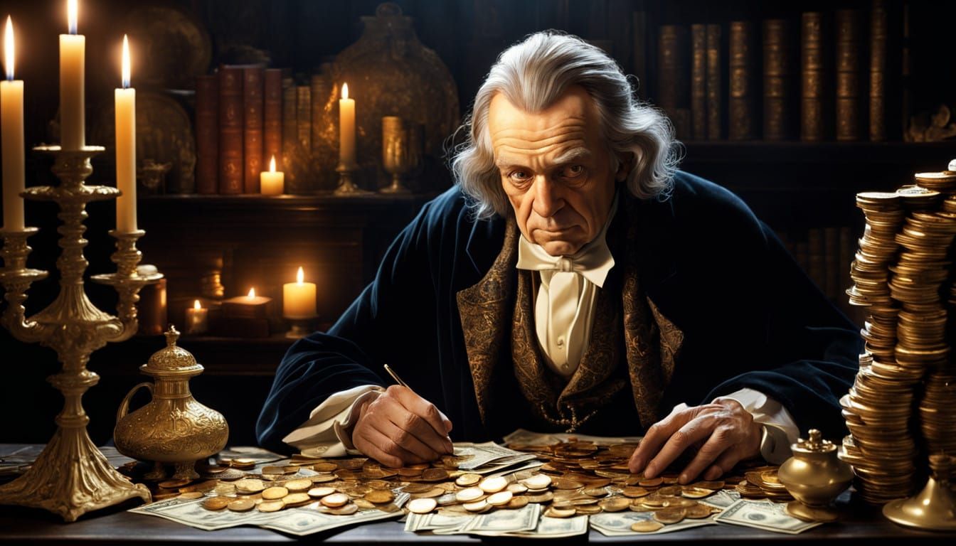 Wealthy Ebenezer Scrooge Hunched Over Coins Counting