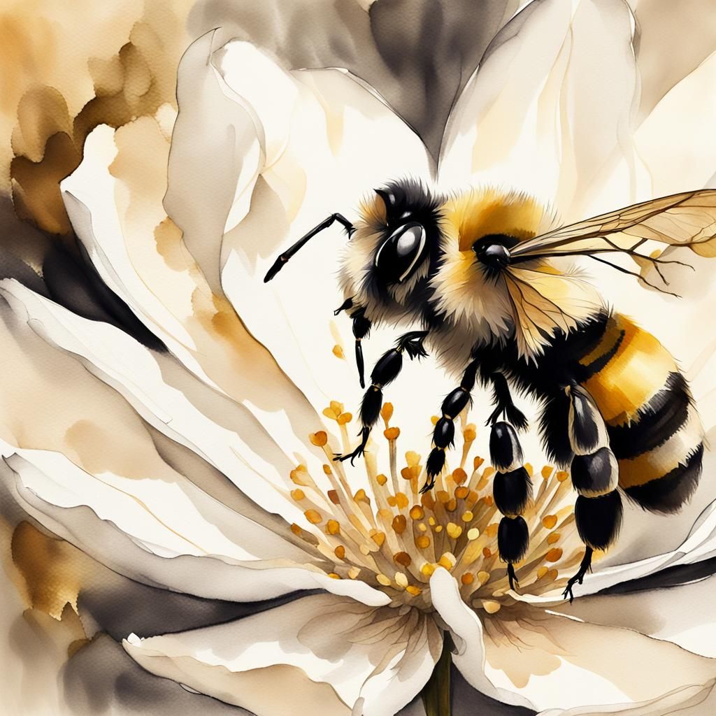 Bee on Flower: Ink Wash Painting