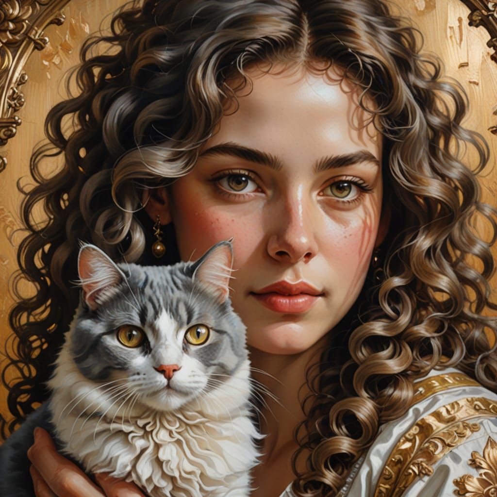 Elegant Baroque Portrait of a Girl with Curls and Her Gray a...