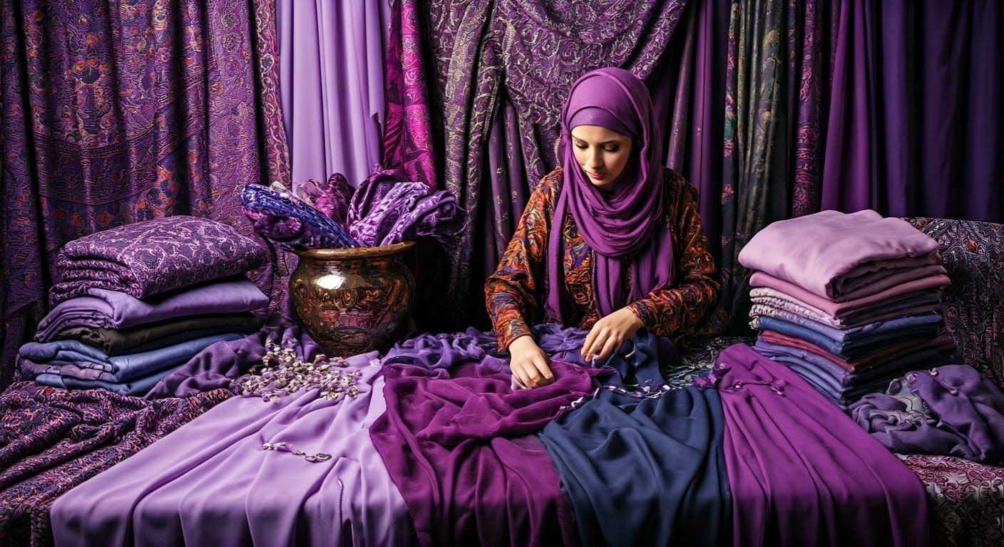 Exotic Purple Bazaar Scene with Embroidered Garments