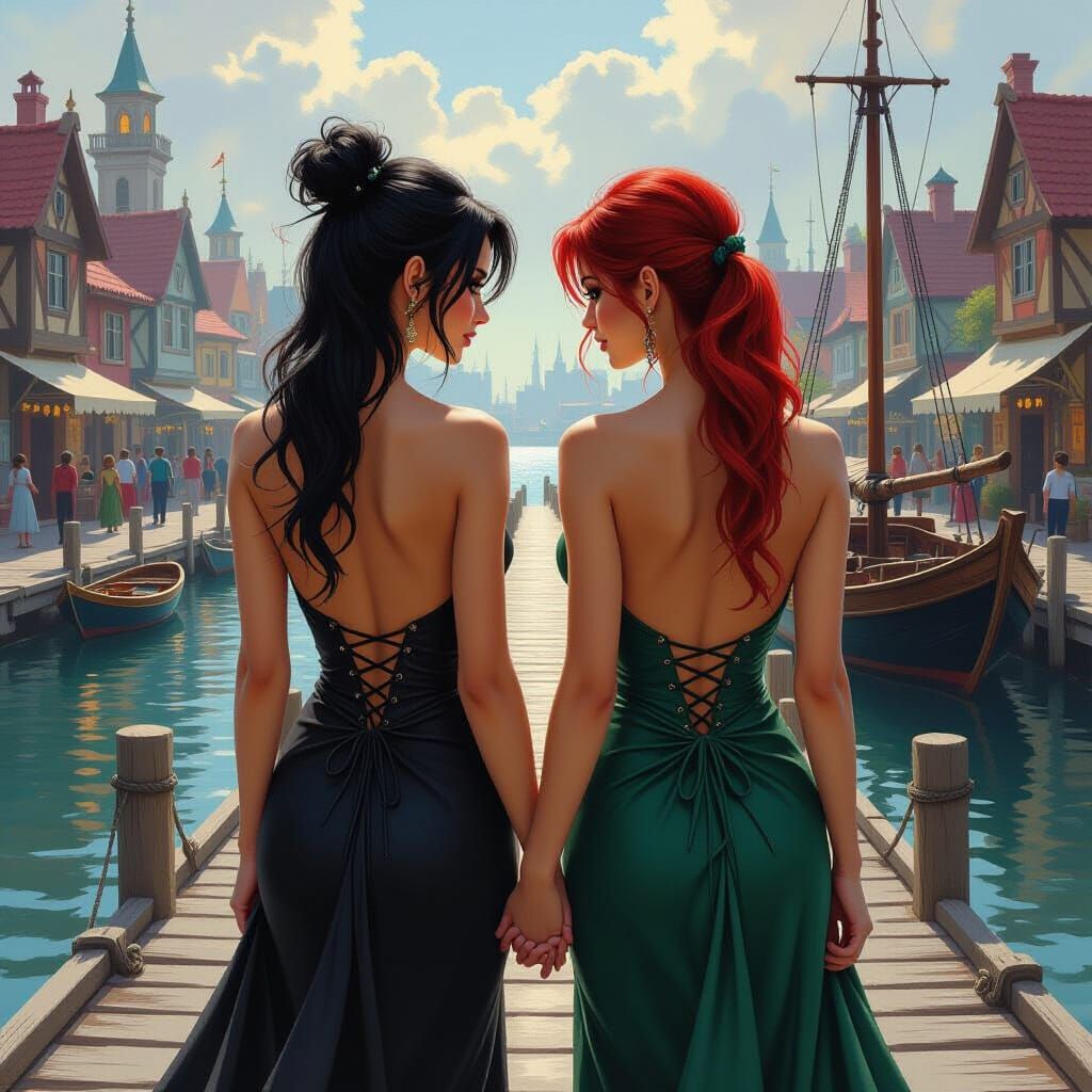 Elf Women Strolling Along Fantasy Dock