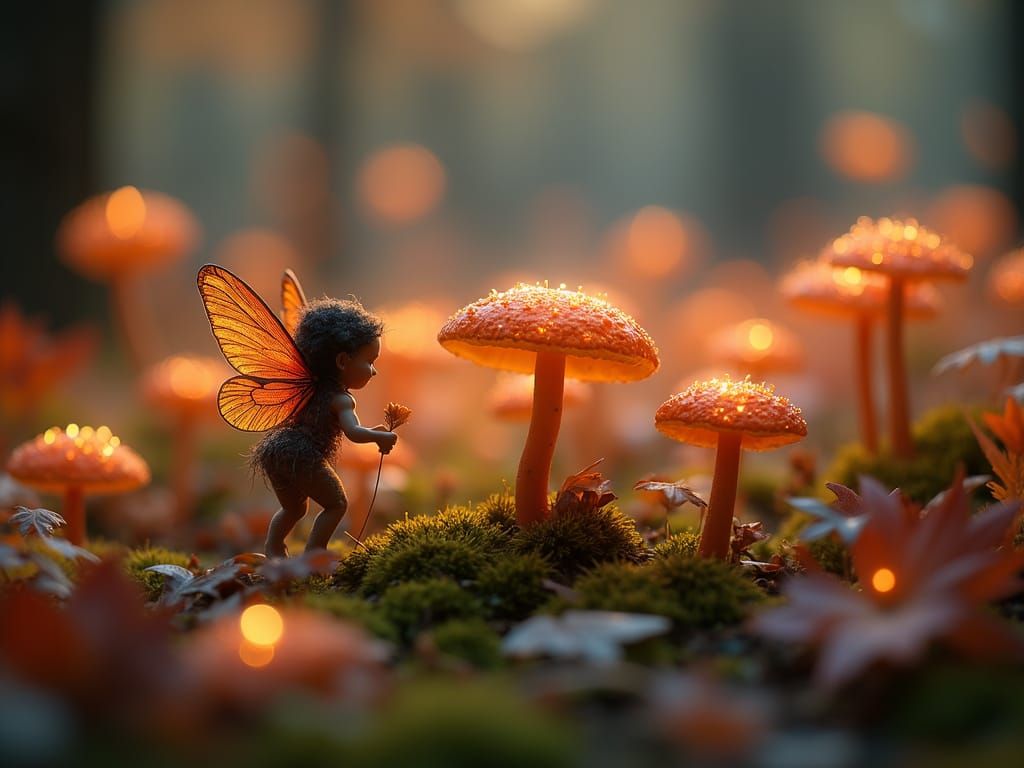 Autumn Fairies Harvesting Bioluminescent Mushrooms in Forest...