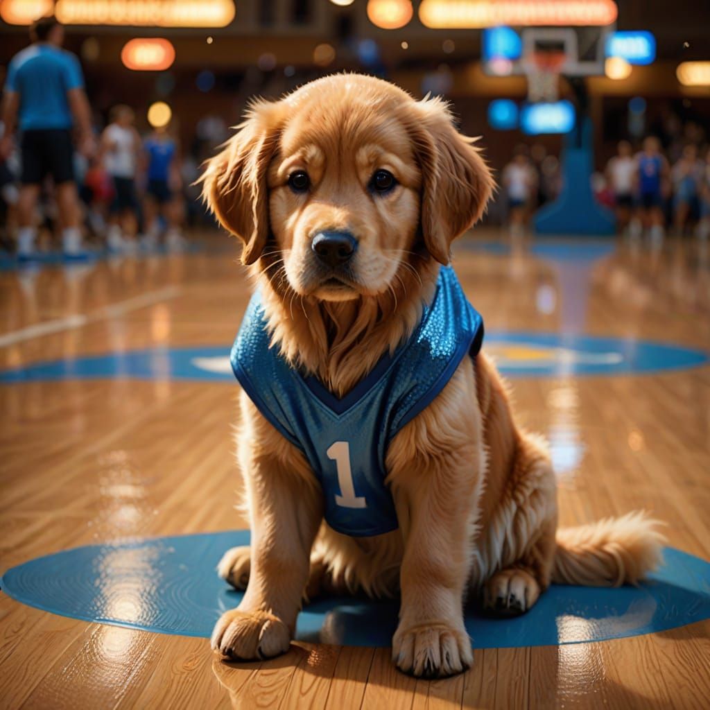 Golden Retriever in Basketball Jersey with Basketball on Woo...
