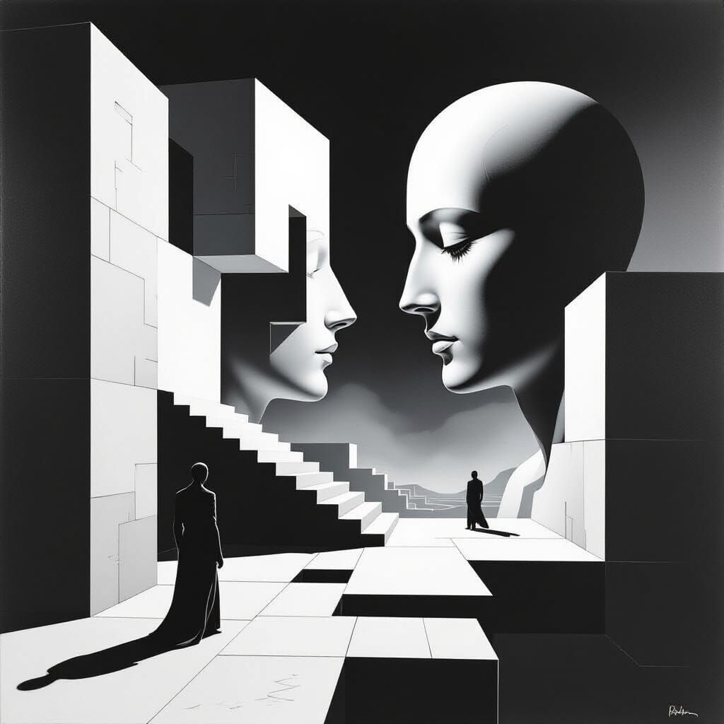 Surreal Black and White Minimalist Scene with Fragmented For...