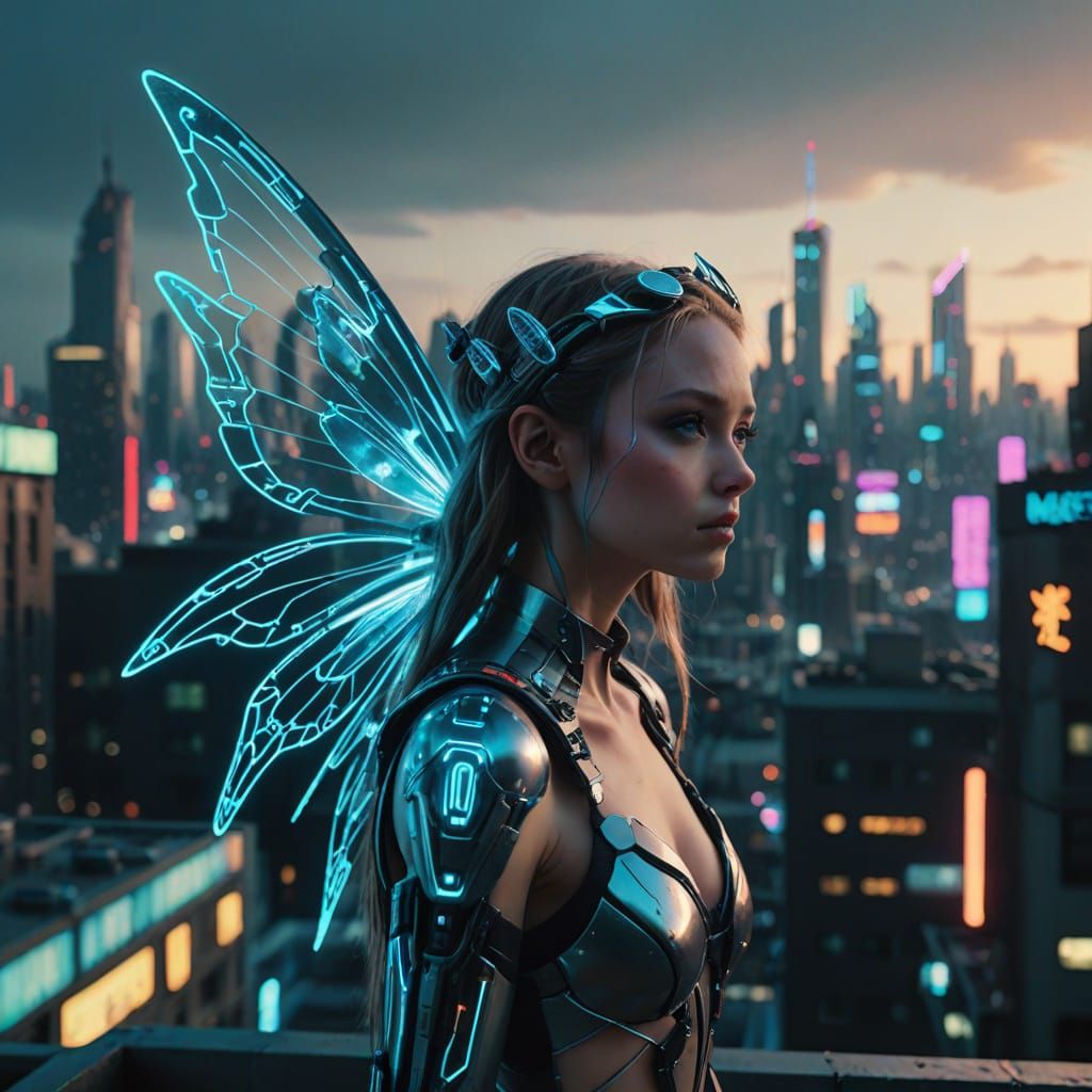 Cyberpunk Fairy on a Neon City Rooftop