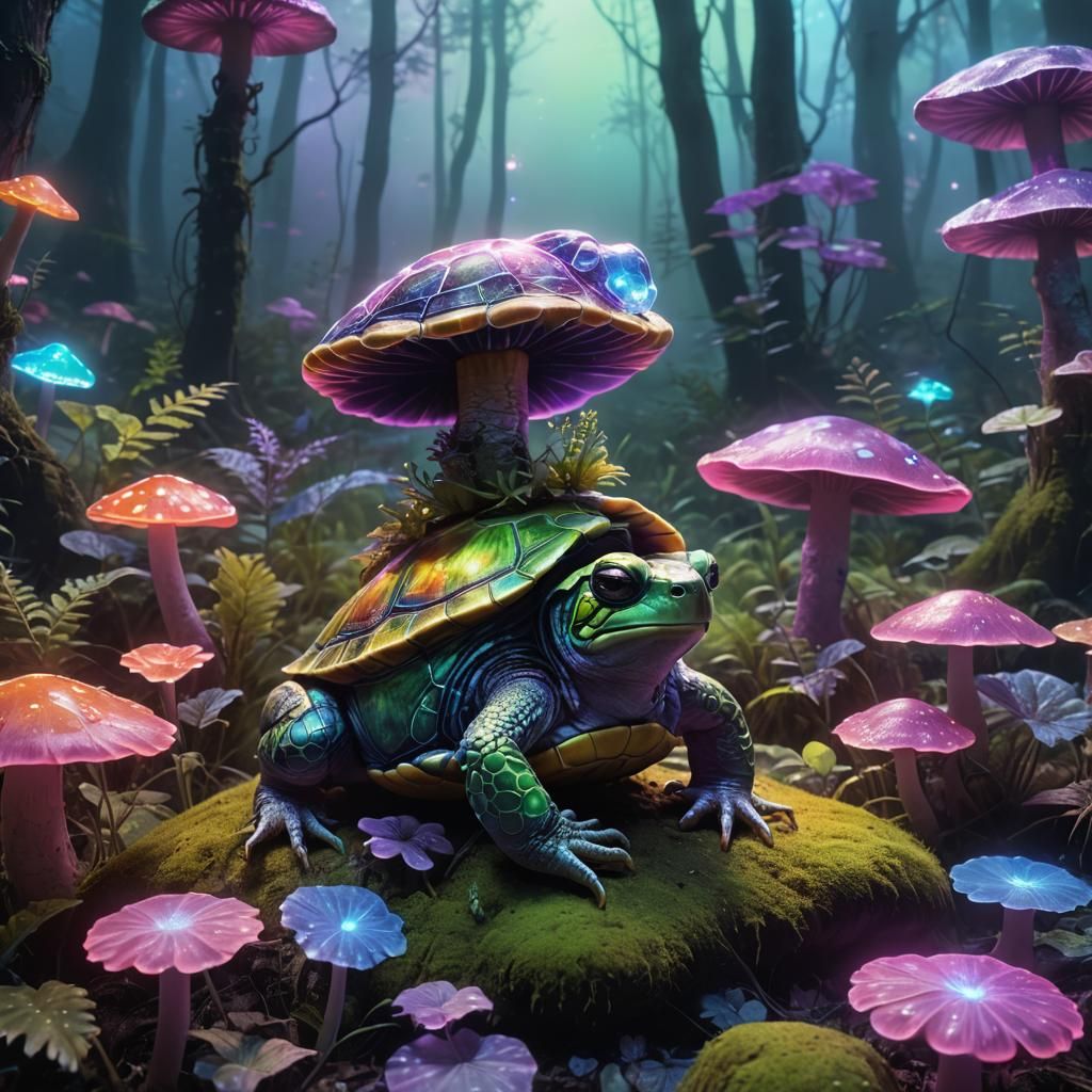 Holographic Toad Turtle in Misty Forest