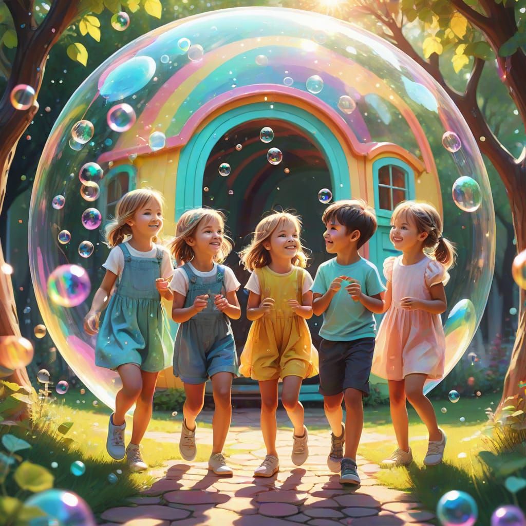 Whimsical Children Celebrate in a Colorful Bubble House