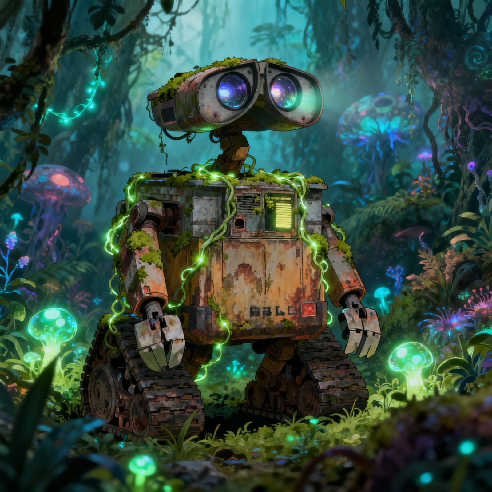 Bioluminescent Jungle Robot Overgrown with Glowing Flora