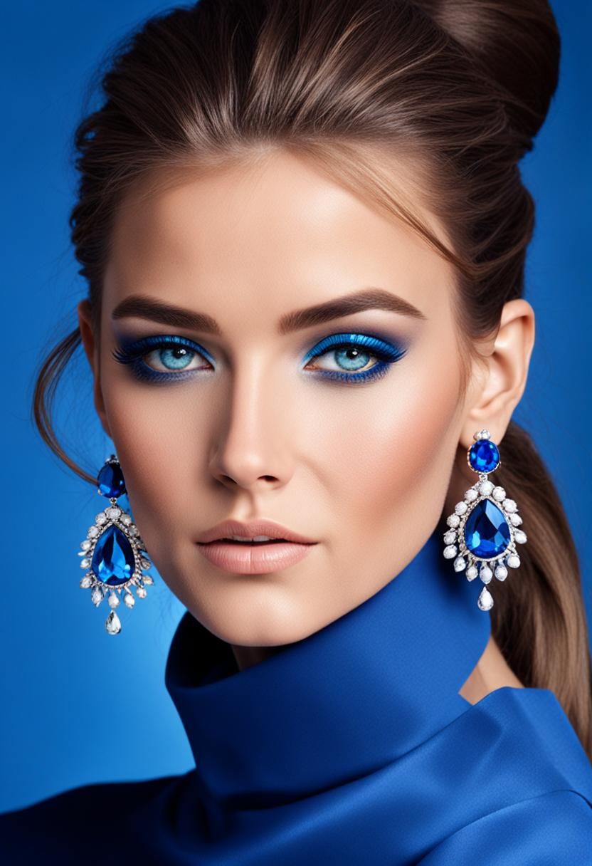 Elegant Woman with Blue Jewelry and Makeup