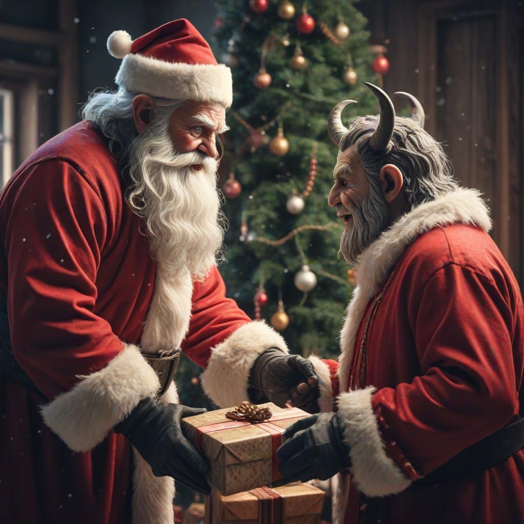 Santa Claus Surprises Krampus Under a Towering Christmas Tre...