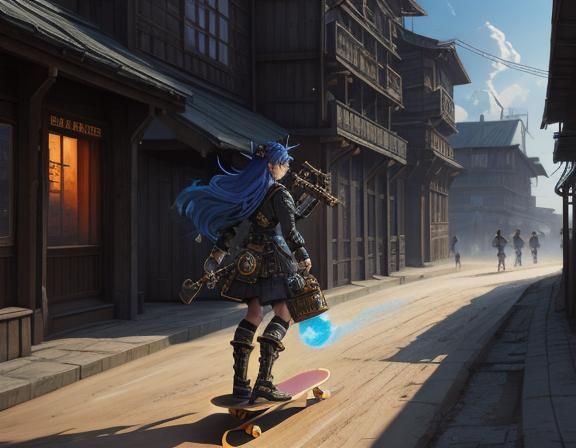 Steampunk Anime Woman Skateboarder in Kazakhstan Village