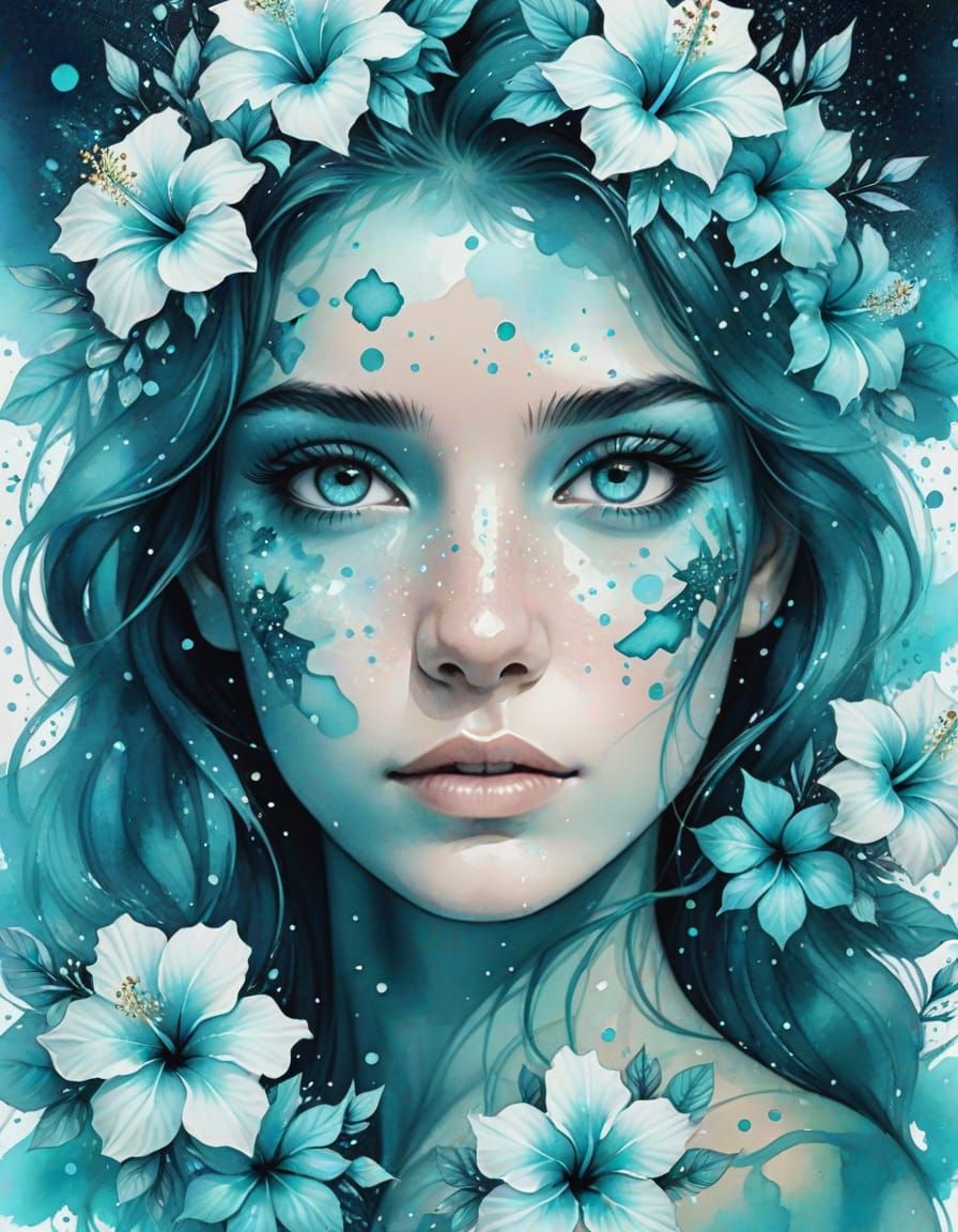 Aquamarine Eyes Surrounded by Turquoise Stars and Hibiscus