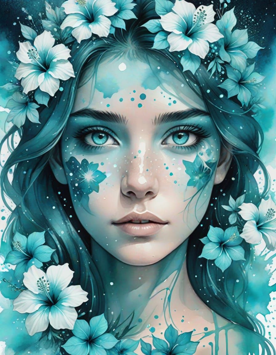 Aquamarine Eyes with Turquoise Stars, Watercolor Art