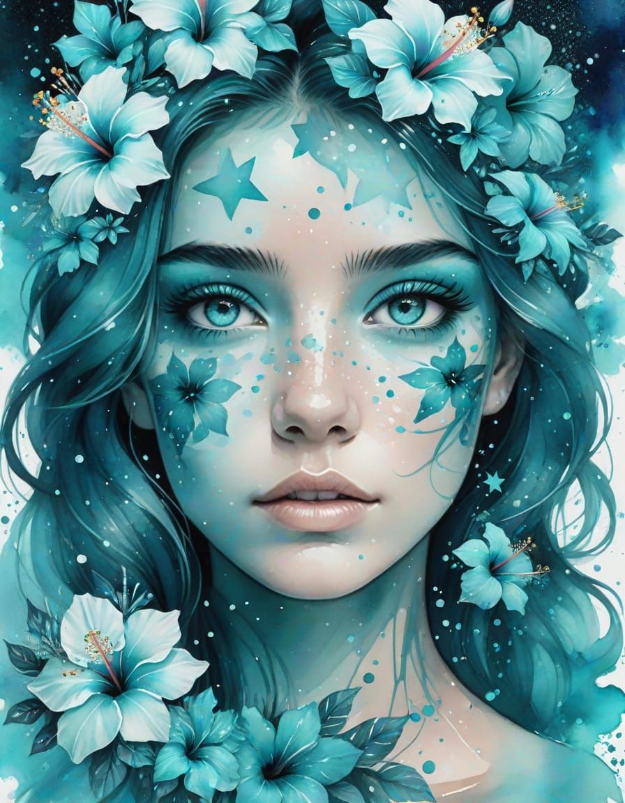 Aquamarine Eyes Surrounded by Turquoise Stars, Watercolor Ar...