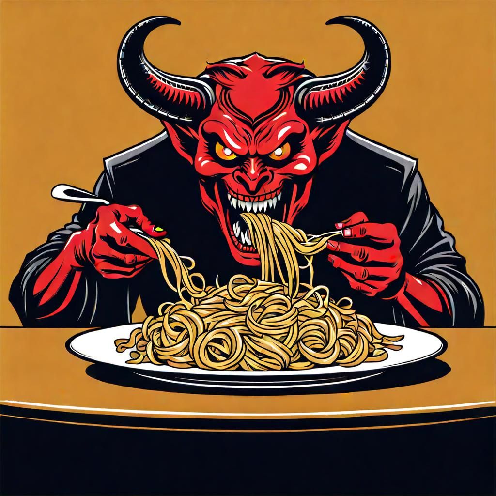 Demon Enjoying Pasta: Cutout T-Shirt Design