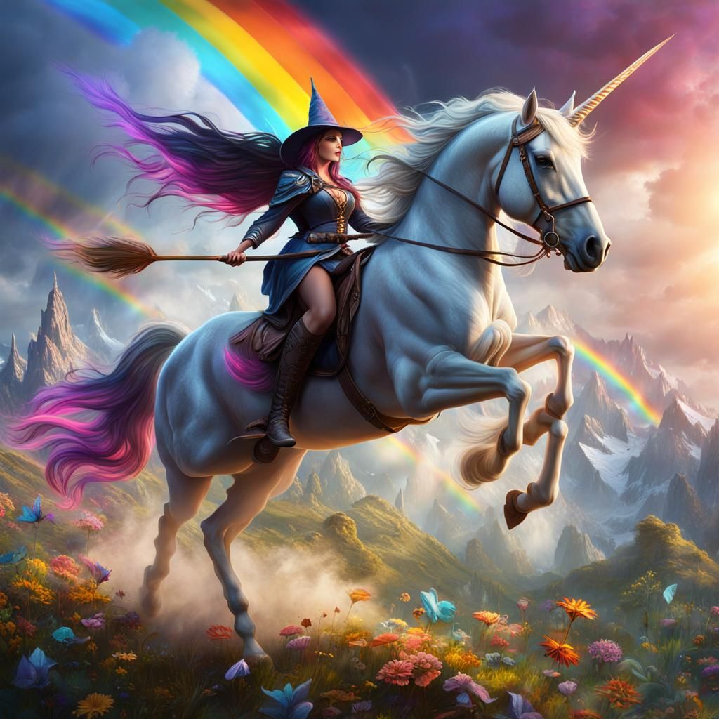 Witch and Unicorn Ride a Rainbow: Fantasy Art