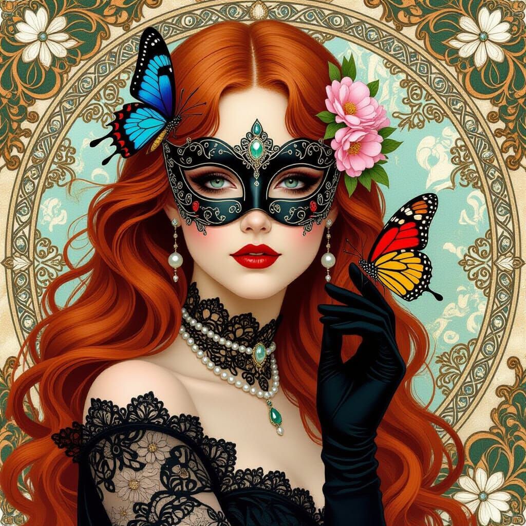 elegant woman with long, flowing red hair. She wears an intr...