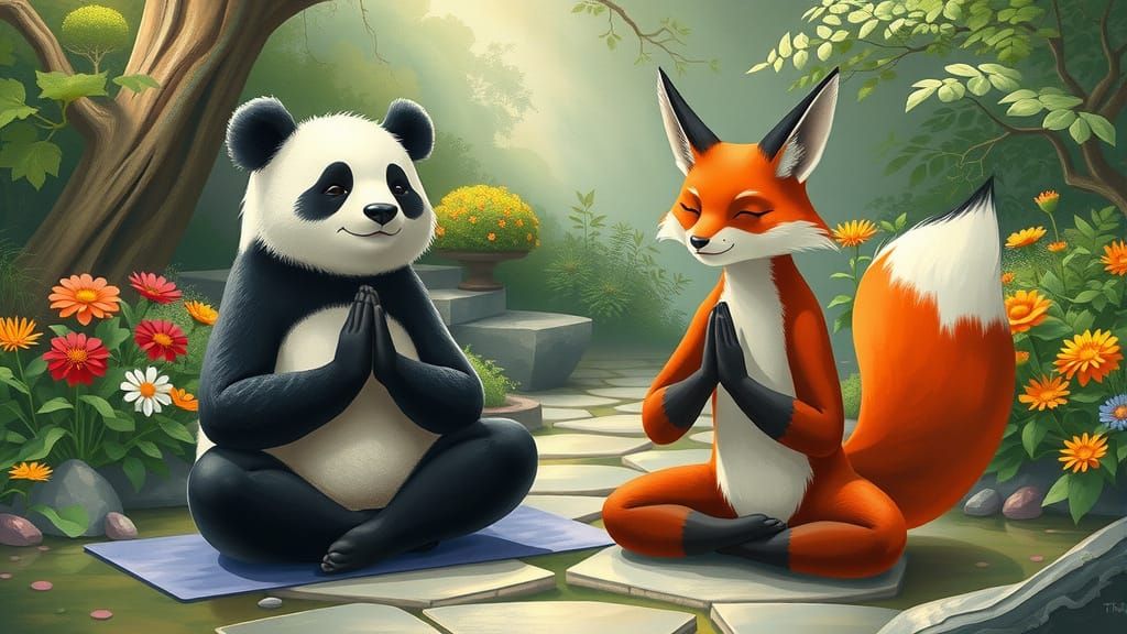 Serenely Synchronized Pandas and Foxes in a Japanese Zen Gar...