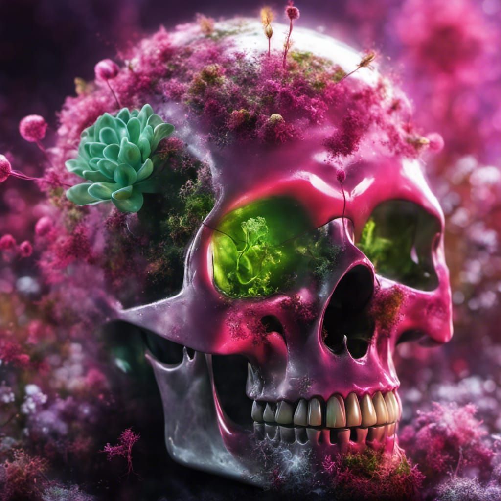 Radiant Microbiome Inside Glass Skull: Hyperrealistic Punk A...